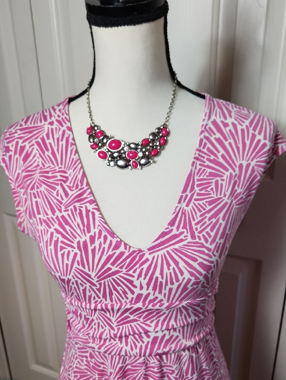 BCBGMaxAzria Pink and White V-Neck Midi Dress - Picture 2 of 12